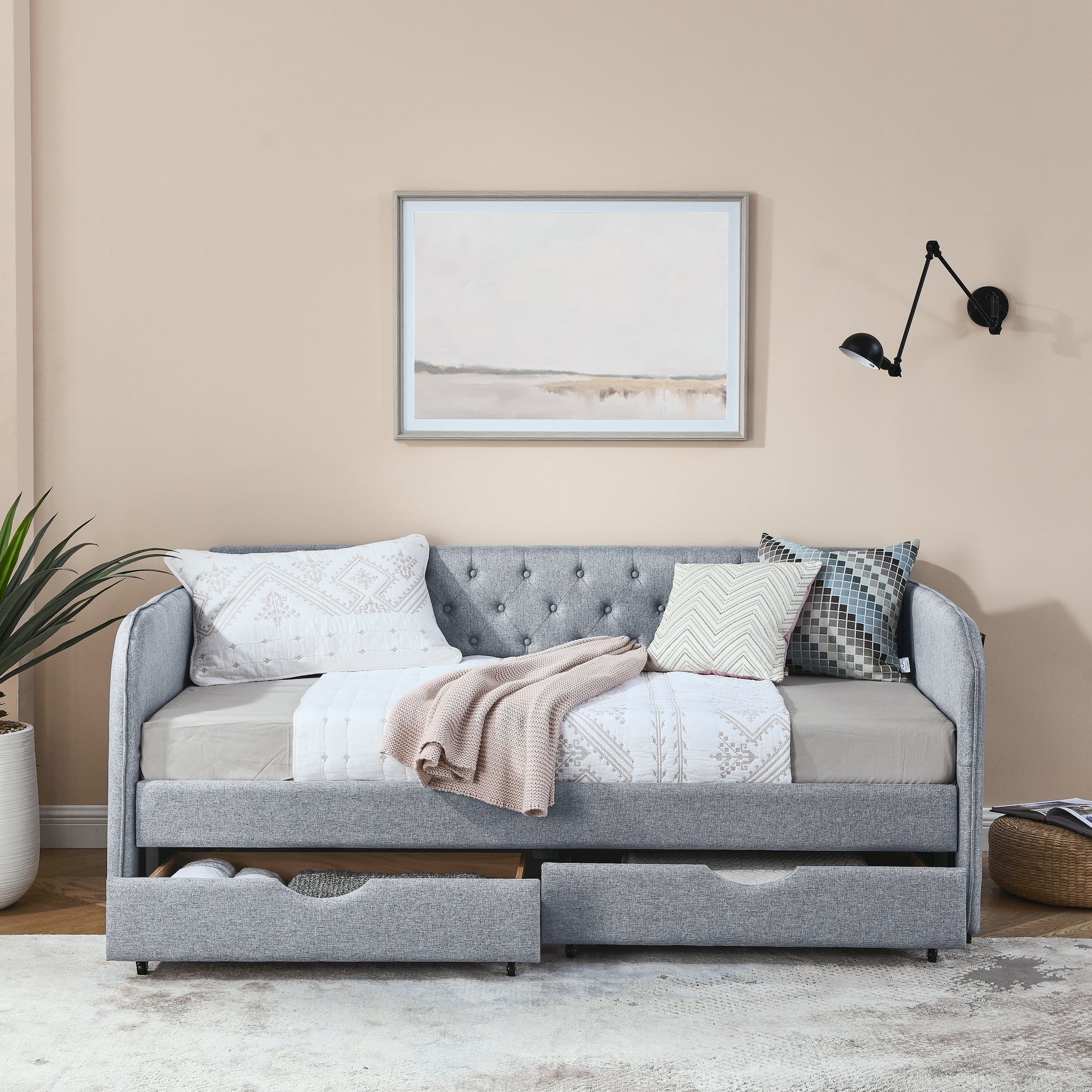 Twin Size Upholstery Daybed with Trundle Bed and Two Storage Drawers, Flat Arms with Pocket, Extendable Daybed for Bedroom Living Room,Linen Grey image 6