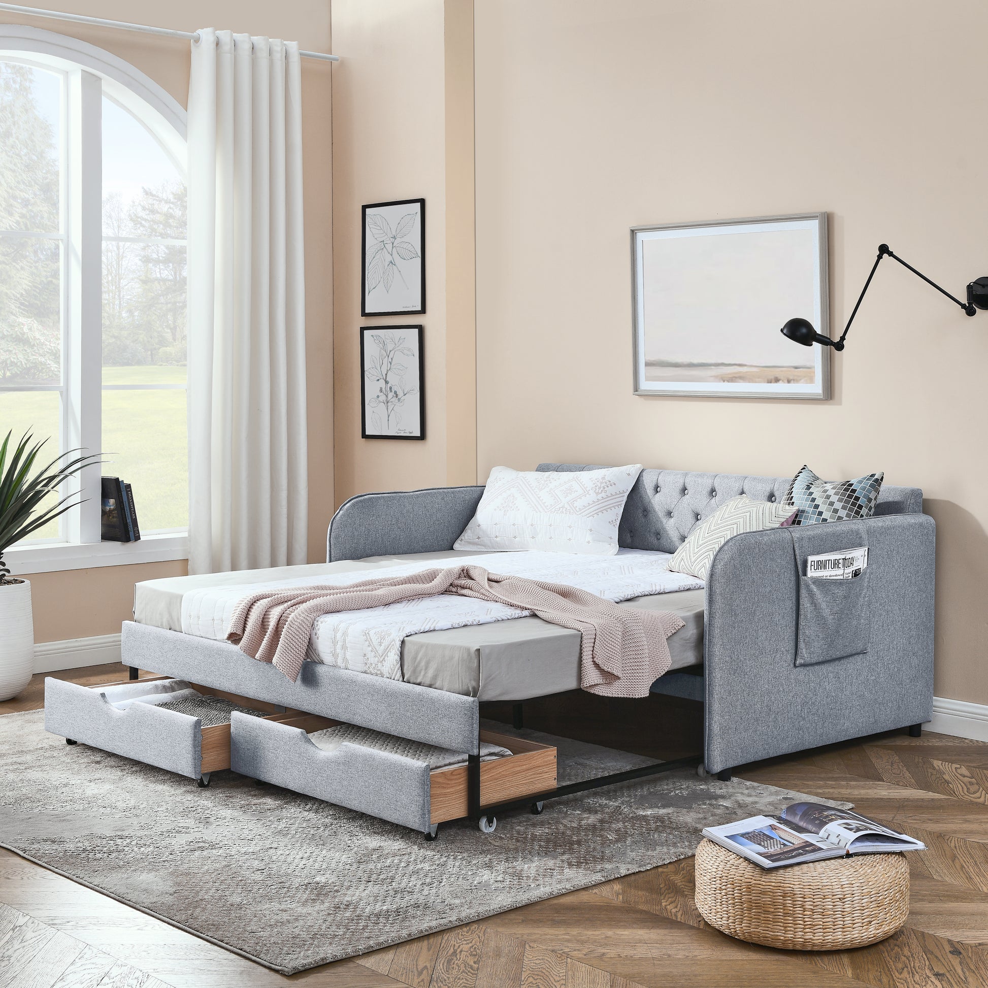 Twin Size Upholstery Daybed with Trundle Bed and Two Storage Drawers, Flat Arms with Pocket, Extendable Daybed for Bedroom Living Room,Linen Grey image 1