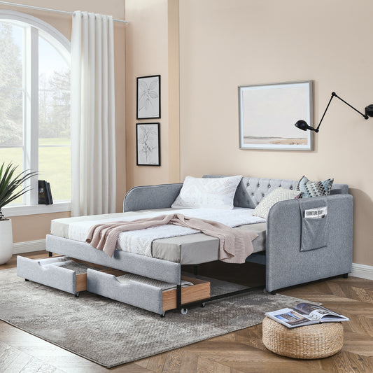 Twin Size Upholstery Daybed with Trundle Bed and Two Storage Drawers, Flat Arms with Pocket, Extendable Daybed for Bedroom Living Room,Linen Grey image 1