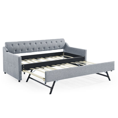 Twin Size Upholstery DayBed with Twin Size Erectable Trundle and USB Charging Design, Linen Grey image 7