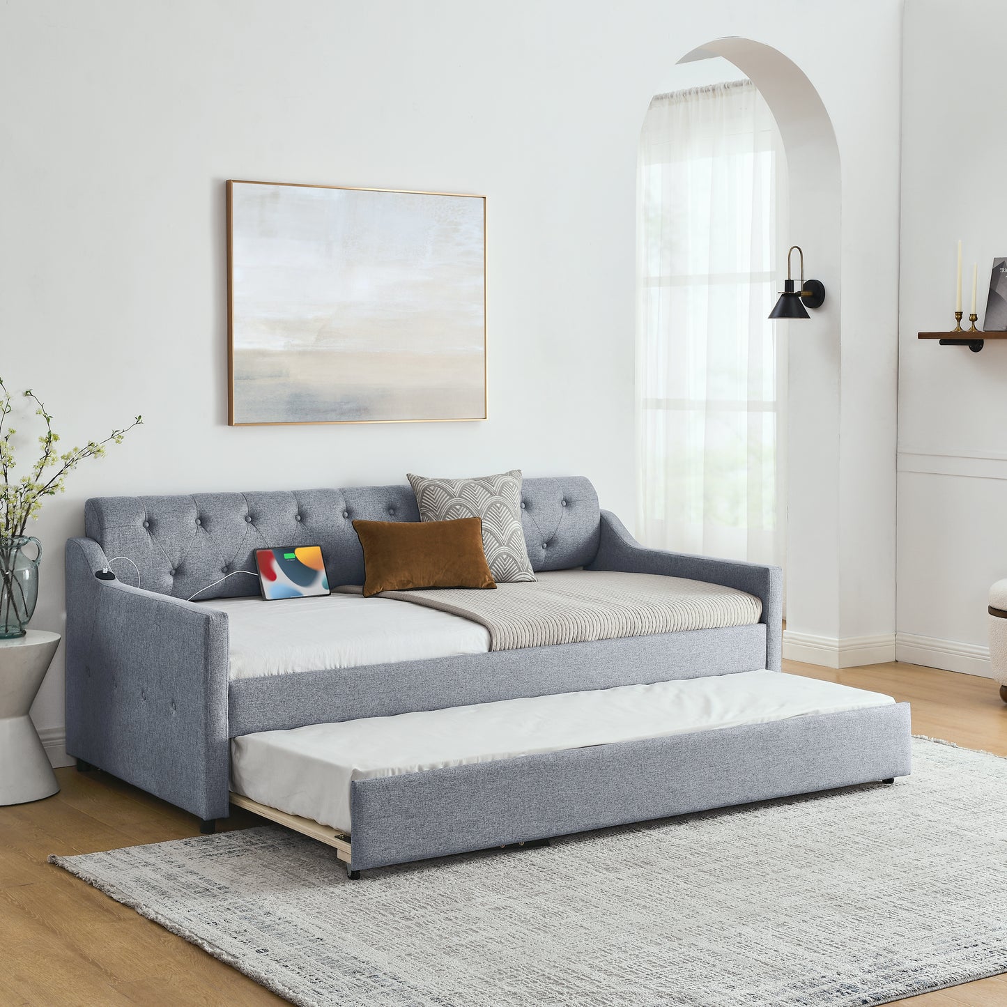 Twin Size Upholstery DayBed with Twin Size Erectable Trundle and USB Charging Design, Linen Grey image 4