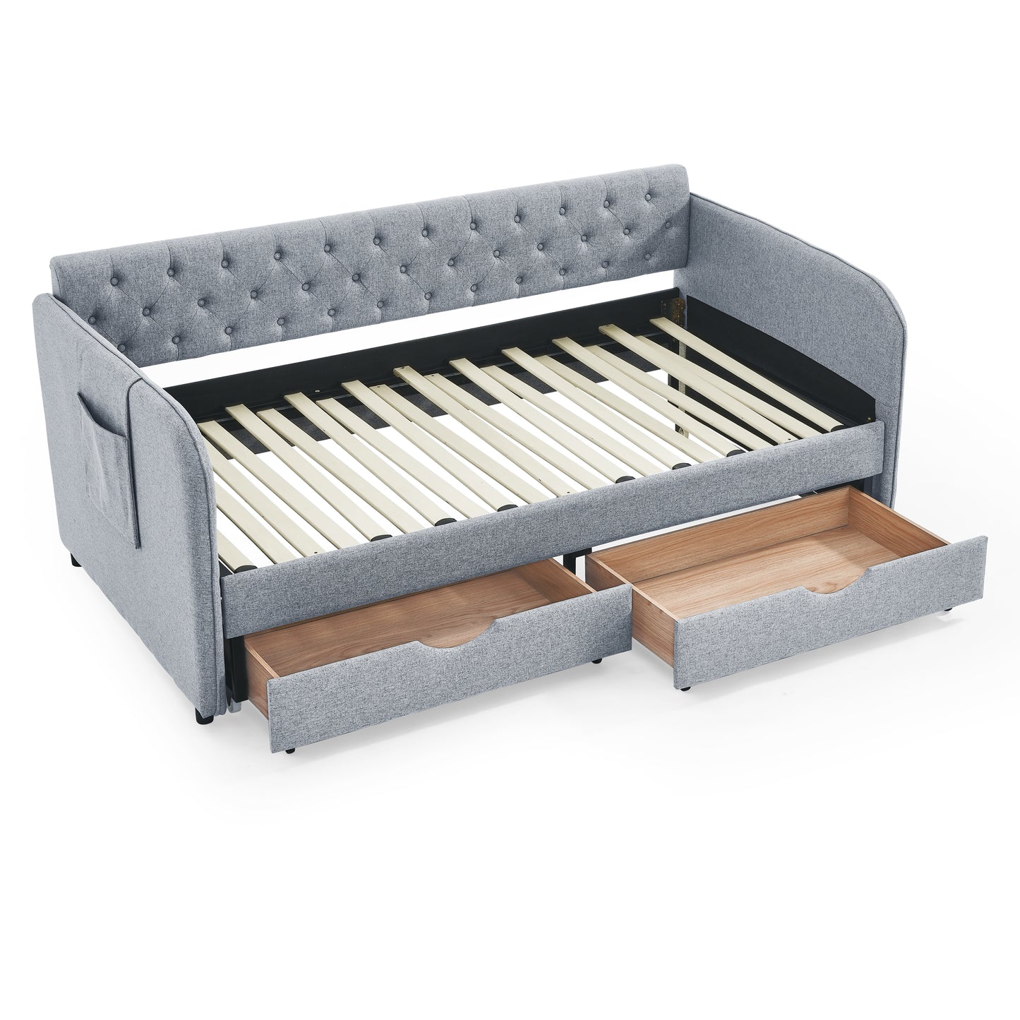 Twin Size Upholstery Daybed with Trundle Bed and Two Storage Drawers, Flat Arms with Pocket, Extendable Daybed for Bedroom Living Room,Linen Grey image 7
