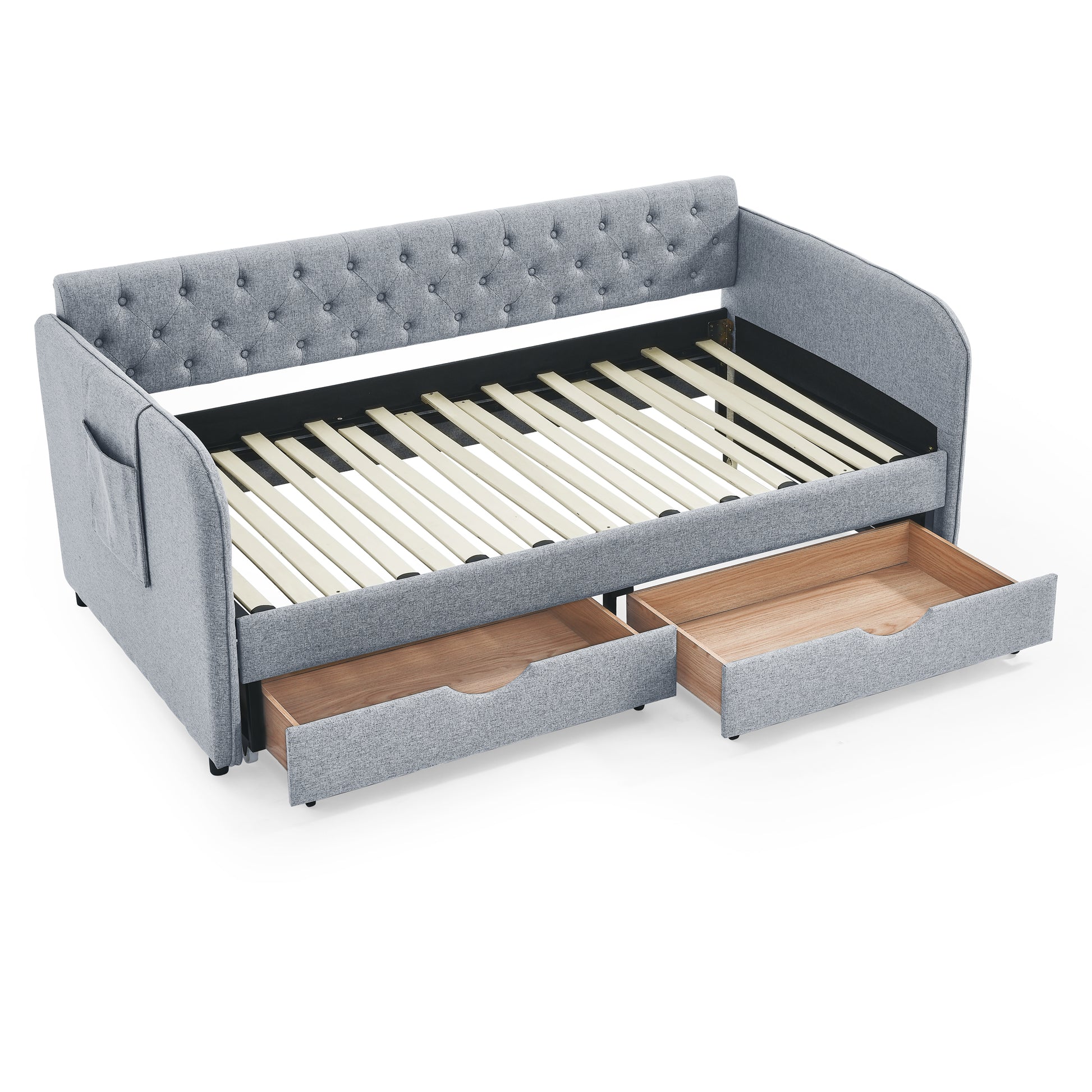 Twin Size Upholstery Daybed with Trundle Bed and Two Storage Drawers, Flat Arms with Pocket, Extendable Daybed for Bedroom Living Room,Linen Grey image 7