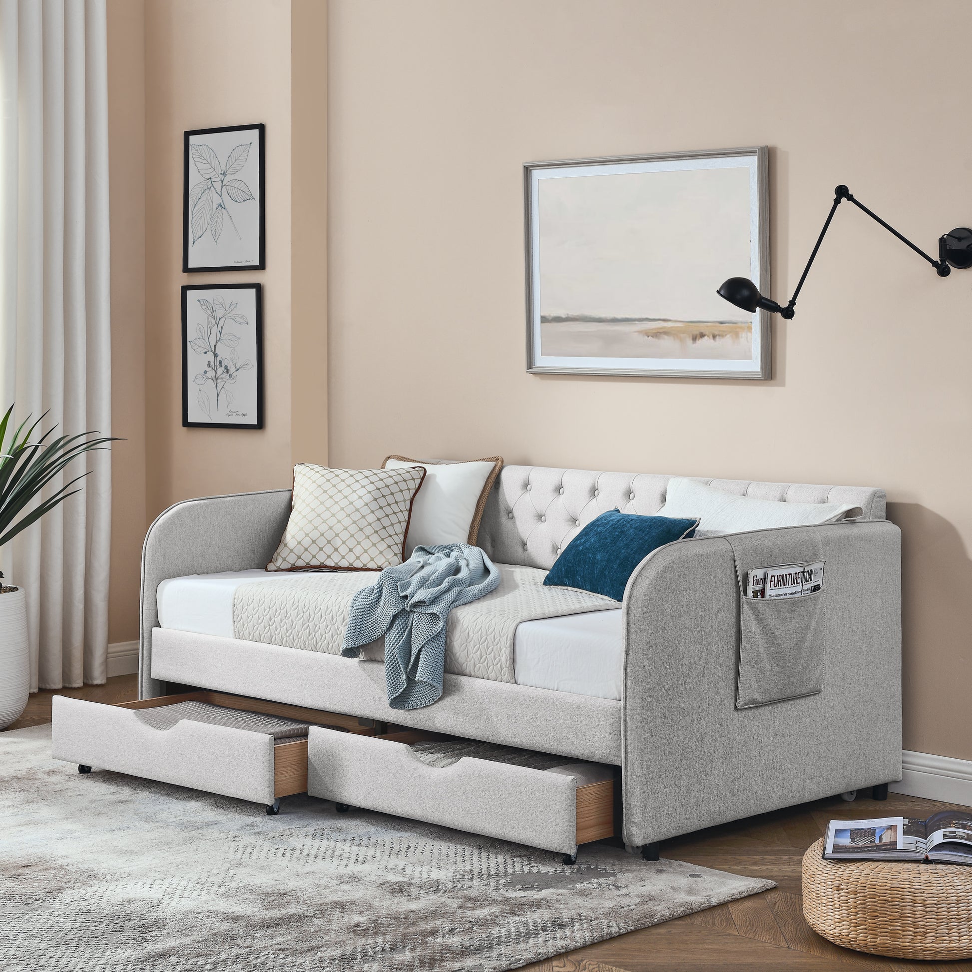 Twin Size Upholstery Daybed with Trundle Bed and Two Storage Drawers, Flat Arms with Pocket, Extendable Daybed for Bedroom Living Room,Linen Beige image 3