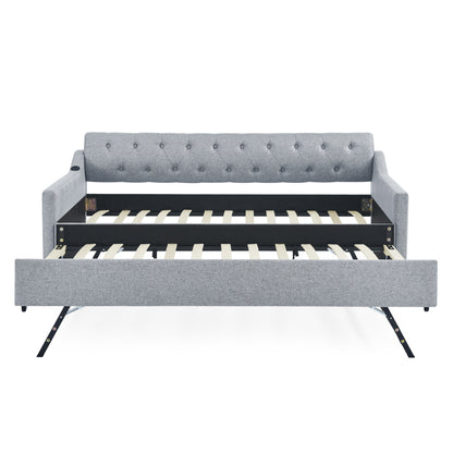 Twin Size Upholstery DayBed with Twin Size Erectable Trundle and USB Charging Design, Linen Grey image 12