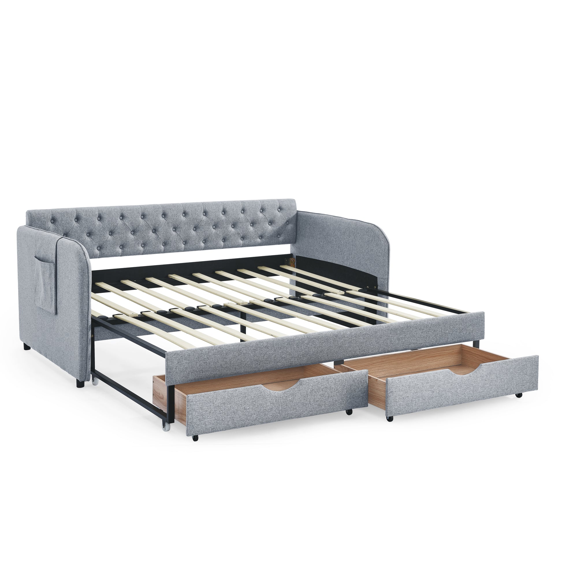 Twin Size Upholstery Daybed with Trundle Bed and Two Storage Drawers, Flat Arms with Pocket, Extendable Daybed for Bedroom Living Room,Linen Grey image 12