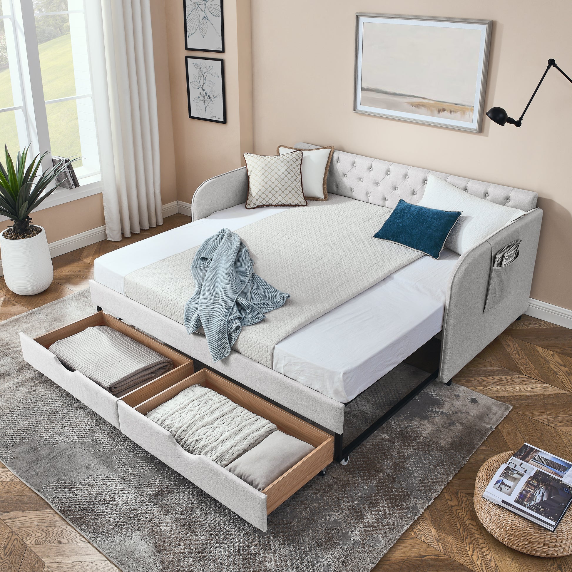 Twin Size Upholstery Daybed with Trundle Bed and Two Storage Drawers, Flat Arms with Pocket, Extendable Daybed for Bedroom Living Room,Linen Beige image 2