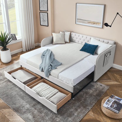 Twin Size Upholstery Daybed with Trundle Bed and Two Storage Drawers, Flat Arms with Pocket, Extendable Daybed for Bedroom Living Room,Linen Beige image 2