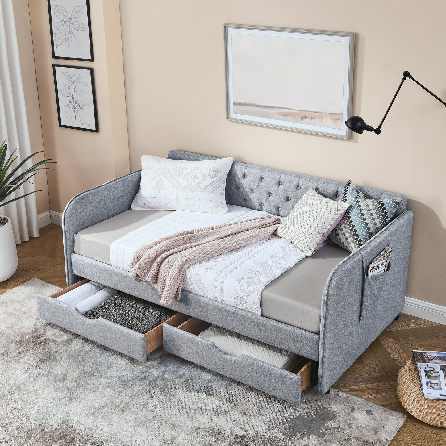 Twin Size Upholstery Daybed with Trundle Bed and Two Storage Drawers, Flat Arms with Pocket, Extendable Daybed for Bedroom Living Room,Linen Grey image 3