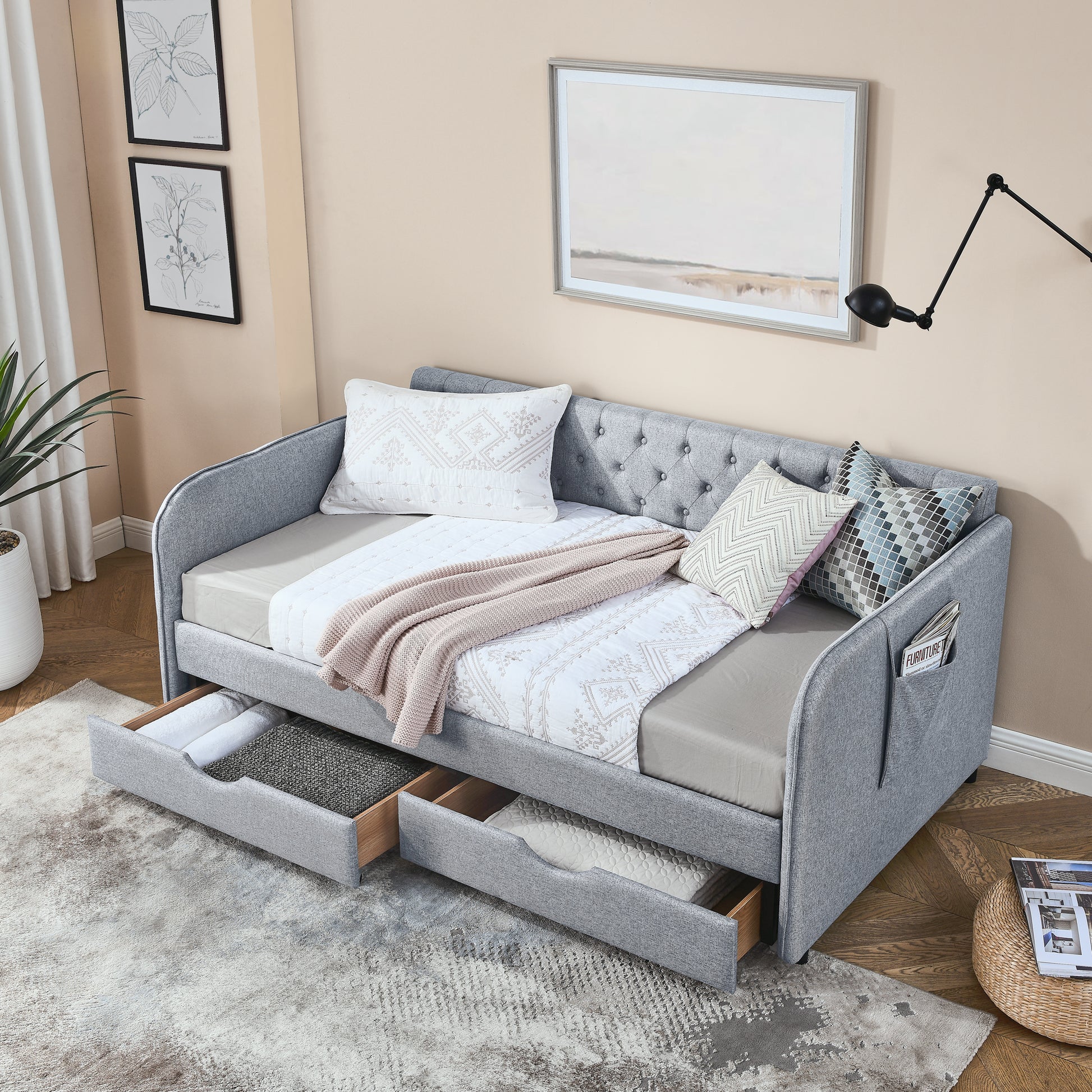 Twin Size Upholstery Daybed with Trundle Bed and Two Storage Drawers, Flat Arms with Pocket, Extendable Daybed for Bedroom Living Room,Linen Grey image 3