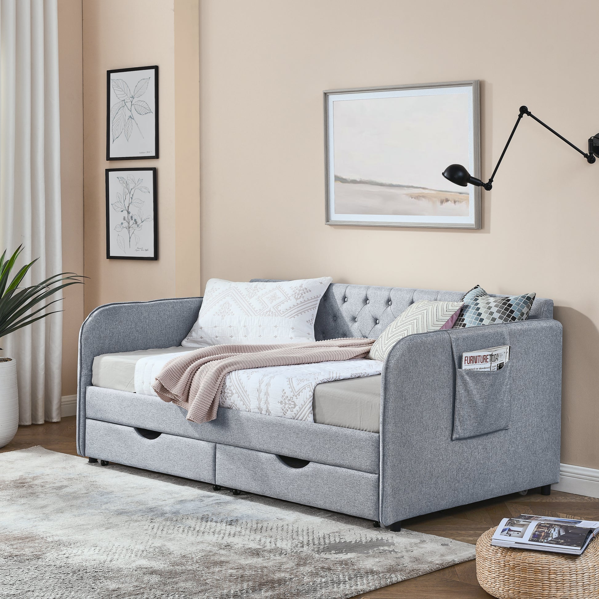 Twin Size Upholstery Daybed with Trundle Bed and Two Storage Drawers, Flat Arms with Pocket, Extendable Daybed for Bedroom Living Room,Linen Grey image 5