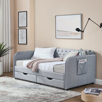 Twin Size Upholstery Daybed with Trundle Bed and Two Storage Drawers, Flat Arms with Pocket, Extendable Daybed for Bedroom Living Room,Linen Grey image 5