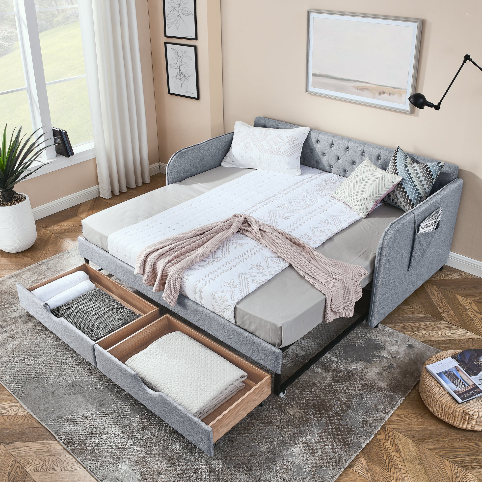 Twin Size Upholstery Daybed with Trundle Bed and Two Storage Drawers, Flat Arms with Pocket, Extendable Daybed for Bedroom Living Room,Linen Grey image 2