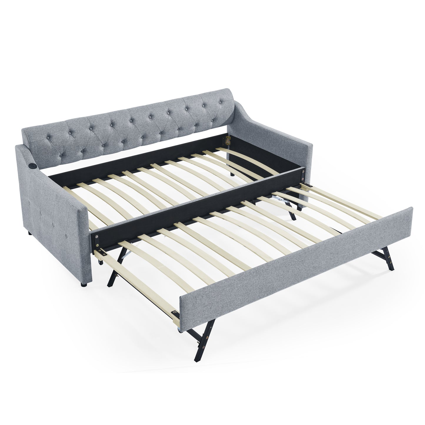 Twin Size Upholstery DayBed with Twin Size Erectable Trundle and USB Charging Design, Linen Grey image 8