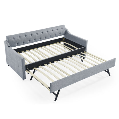 Twin Size Upholstery DayBed with Twin Size Erectable Trundle and USB Charging Design, Linen Grey image 8