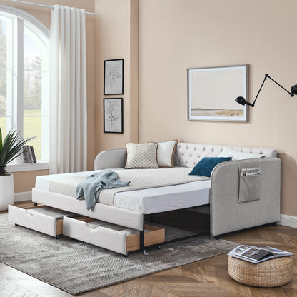 Twin Size Upholstery Daybed with Trundle Bed and Two Storage Drawers, Flat Arms with Pocket, Extendable Daybed for Bedroom Living Room,Linen Beige image 1
