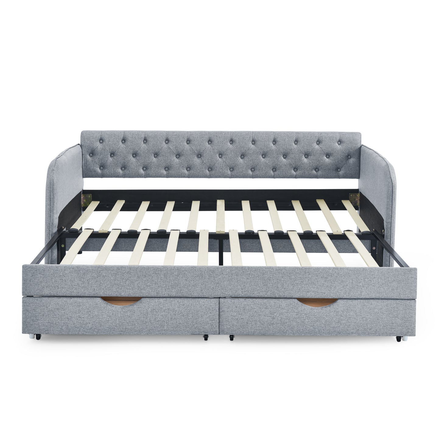 Twin Size Upholstery Daybed with Trundle Bed and Two Storage Drawers, Flat Arms with Pocket, Extendable Daybed for Bedroom Living Room,Linen Grey image 11