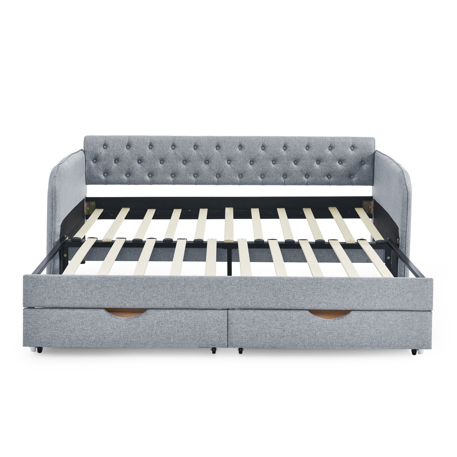 Twin Size Upholstery Daybed with Trundle Bed and Two Storage Drawers, Flat Arms with Pocket, Extendable Daybed for Bedroom Living Room,Linen Grey image 11