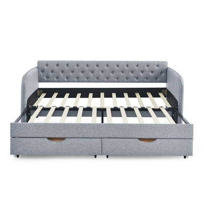 Twin Size Upholstery Daybed with Trundle Bed and Two Storage Drawers, Flat Arms with Pocket, Extendable Daybed for Bedroom Living Room,Linen Grey image 11