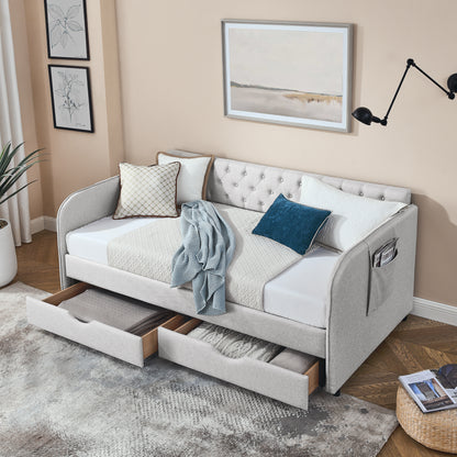 Twin Size Upholstery Daybed with Trundle Bed and Two Storage Drawers, Flat Arms with Pocket, Extendable Daybed for Bedroom Living Room,Linen Beige image 4