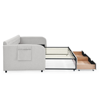 Twin Size Upholstery Daybed with Trundle Bed and Two Storage Drawers, Flat Arms with Pocket, Extendable Daybed for Bedroom Living Room,Linen Beige image 12