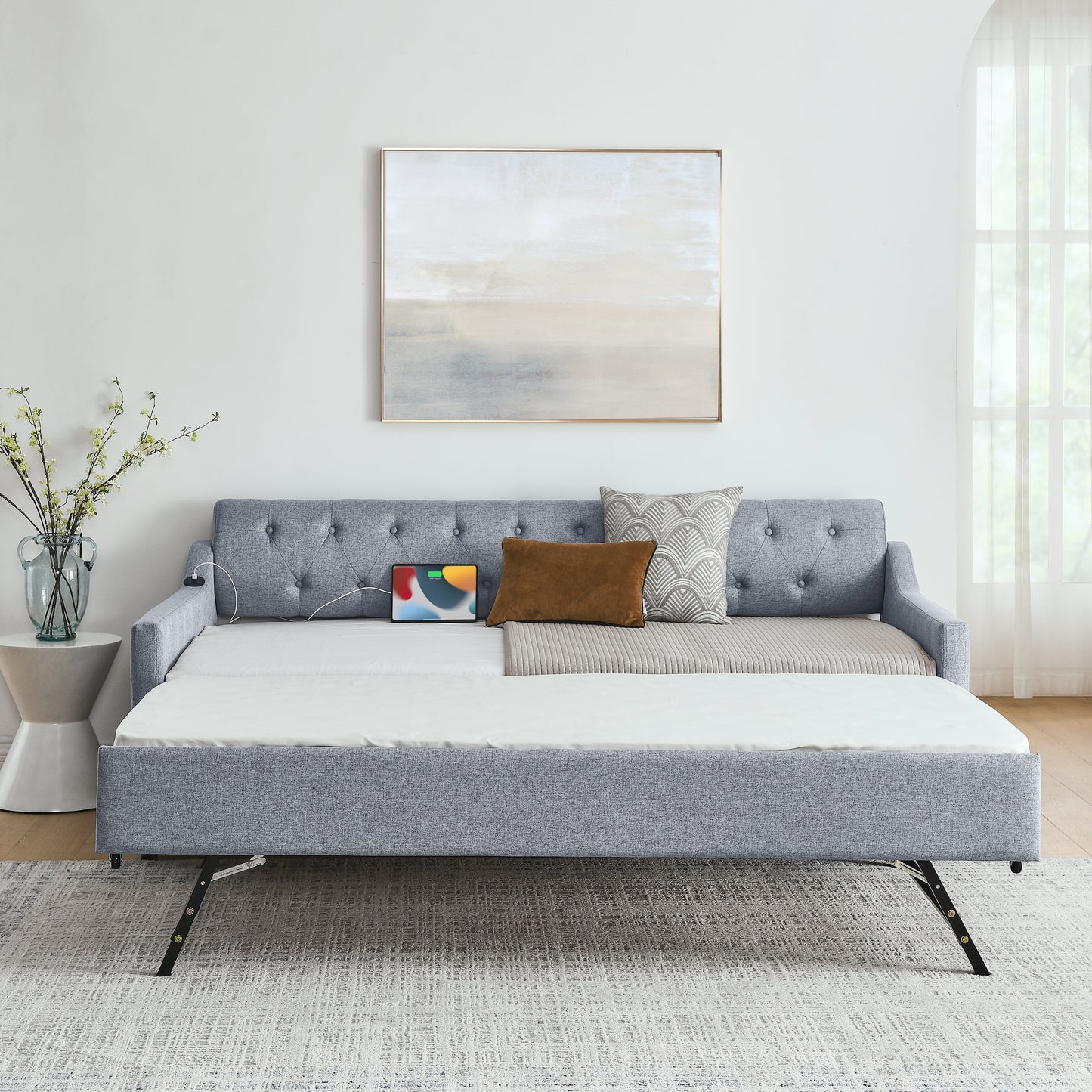 Twin Size Upholstery DayBed with Twin Size Erectable Trundle and USB Charging Design, Linen Grey image 3