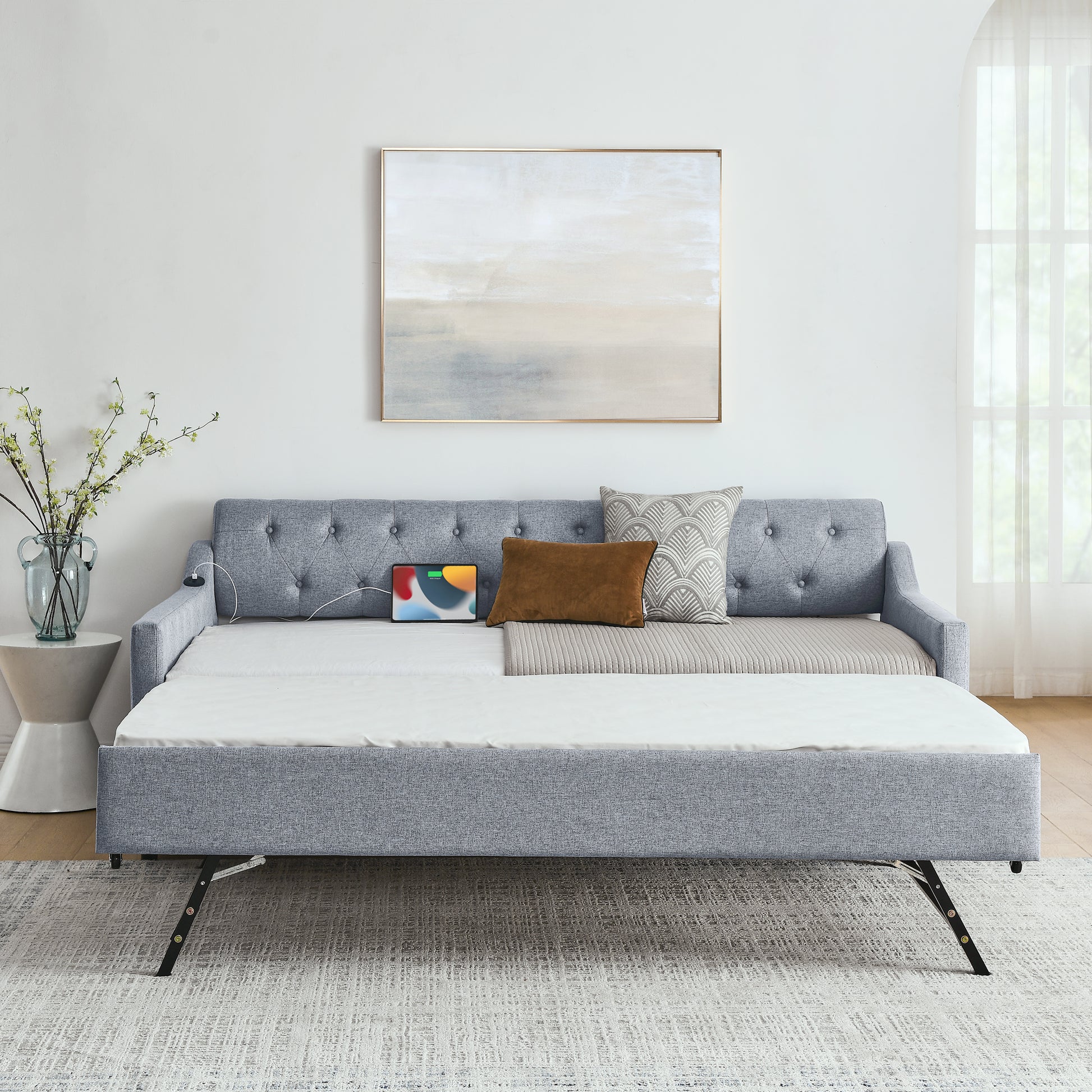 Twin Size Upholstery DayBed with Twin Size Erectable Trundle and USB Charging Design, Linen Grey image 3