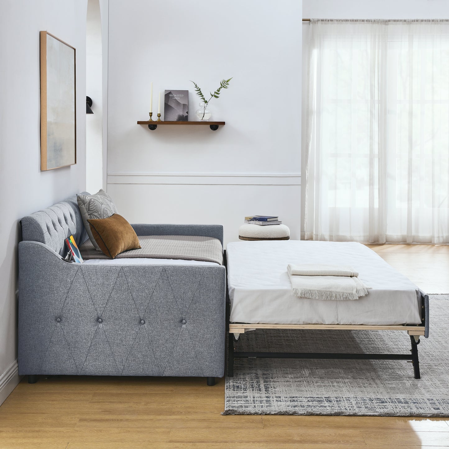 Twin Size Upholstery DayBed with Twin Size Erectable Trundle and USB Charging Design, Linen Grey image 5