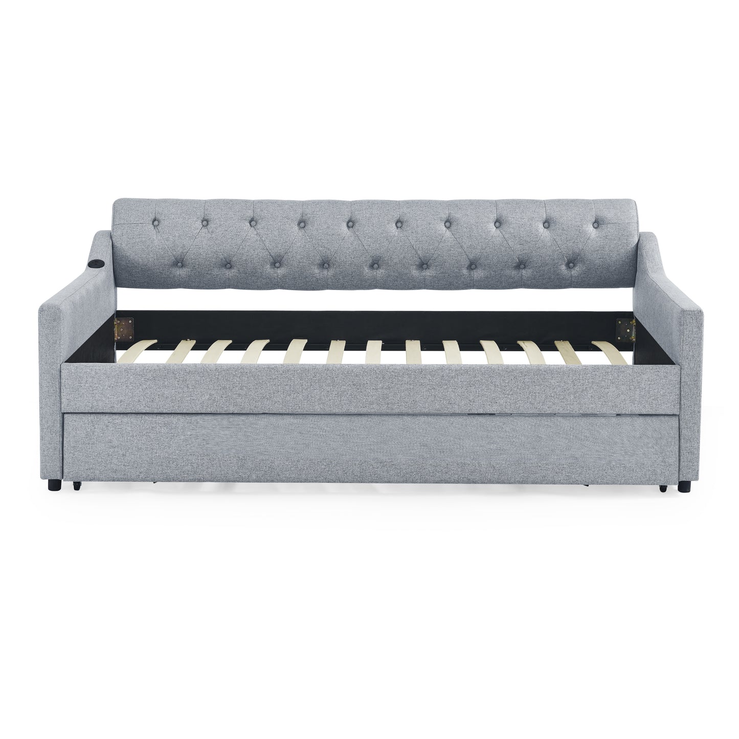 Twin Size Upholstery DayBed with Twin Size Erectable Trundle and USB Charging Design, Linen Grey image 11