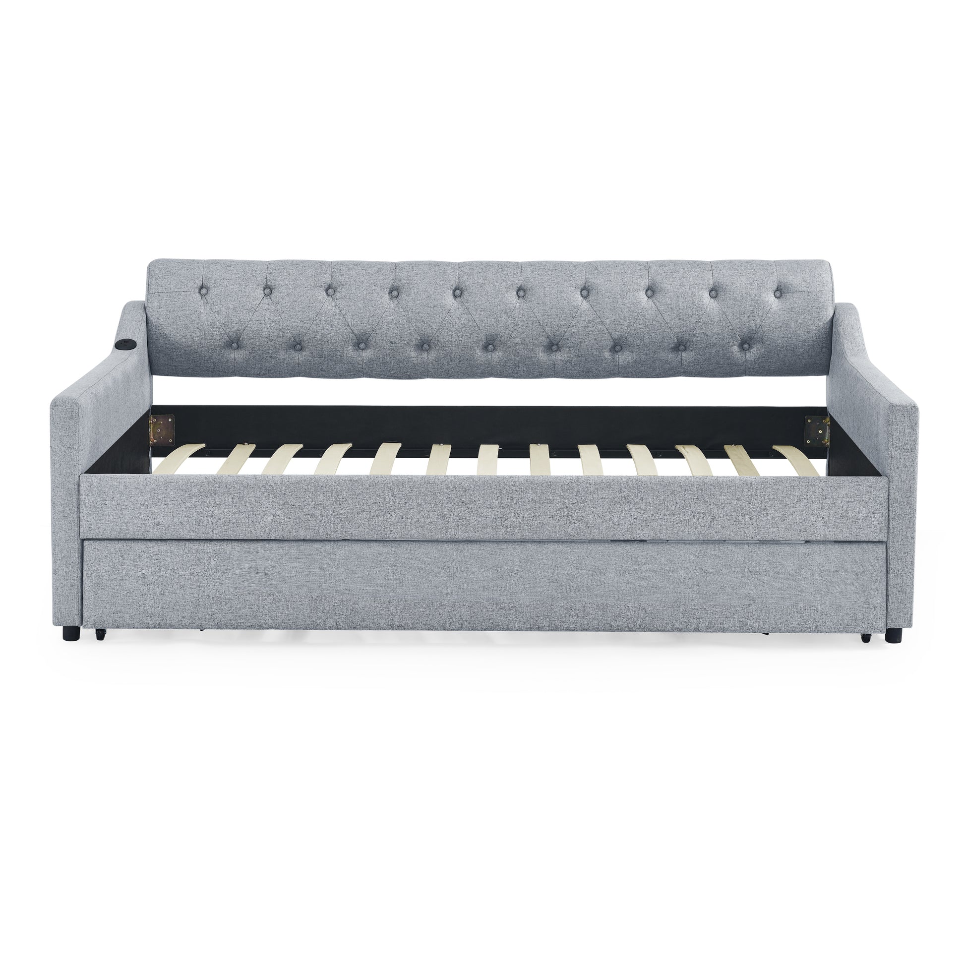 Twin Size Upholstery DayBed with Twin Size Erectable Trundle and USB Charging Design, Linen Grey image 11