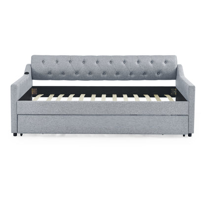 Twin Size Upholstery DayBed with Twin Size Erectable Trundle and USB Charging Design, Linen Grey image 11