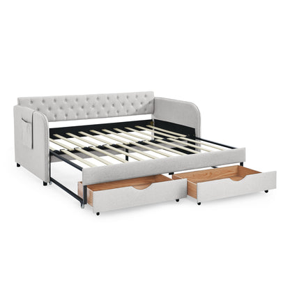 Twin Size Upholstery Daybed with Trundle Bed and Two Storage Drawers, Flat Arms with Pocket, Extendable Daybed for Bedroom Living Room,Linen Beige image 9
