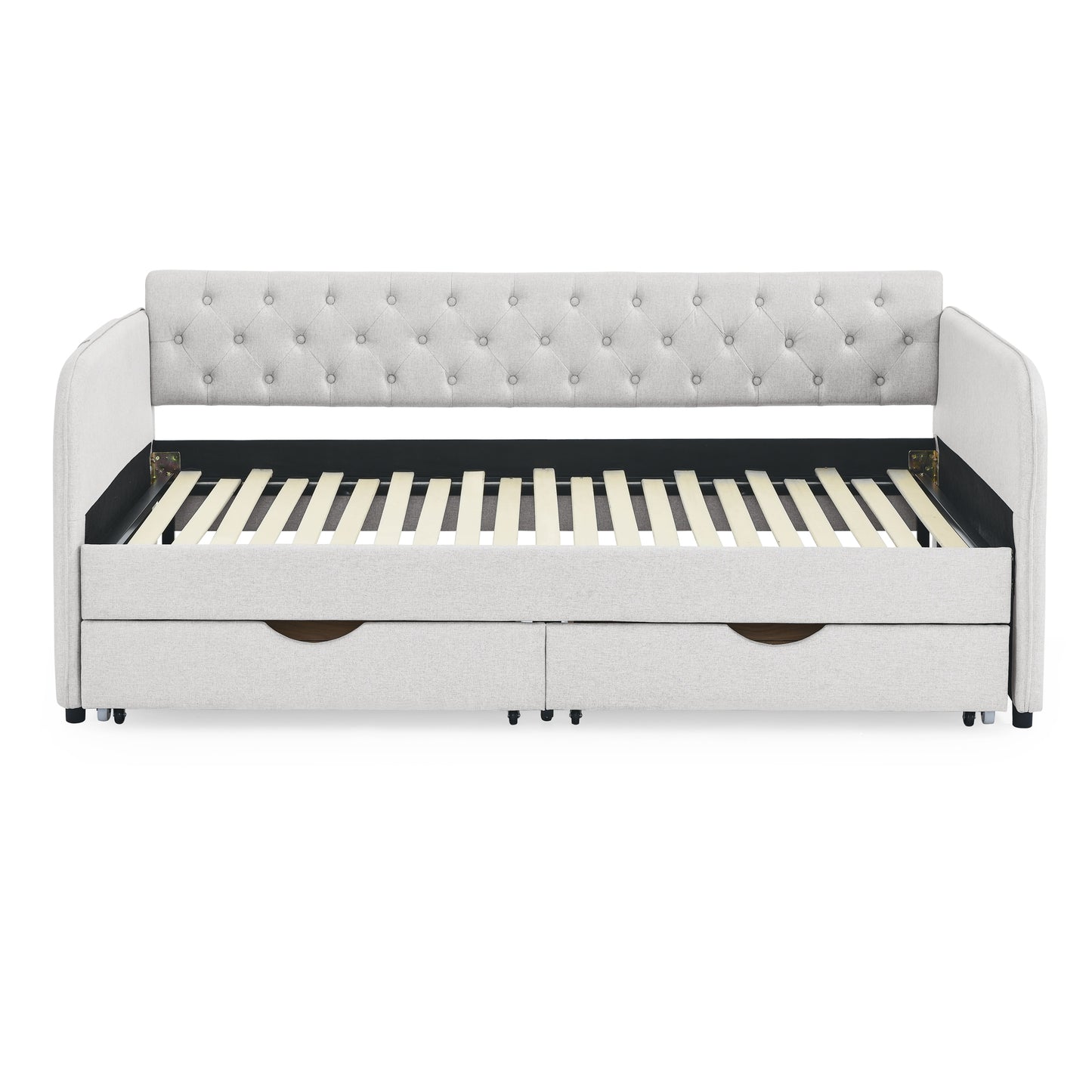 Twin Size Upholstery Daybed with Trundle Bed and Two Storage Drawers, Flat Arms with Pocket, Extendable Daybed for Bedroom Living Room,Linen Beige image 5