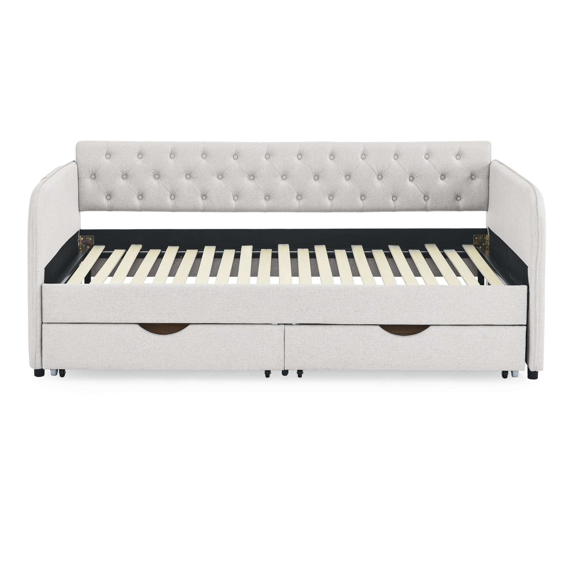 Twin Size Upholstery Daybed with Trundle Bed and Two Storage Drawers, Flat Arms with Pocket, Extendable Daybed for Bedroom Living Room,Linen Beige image 5