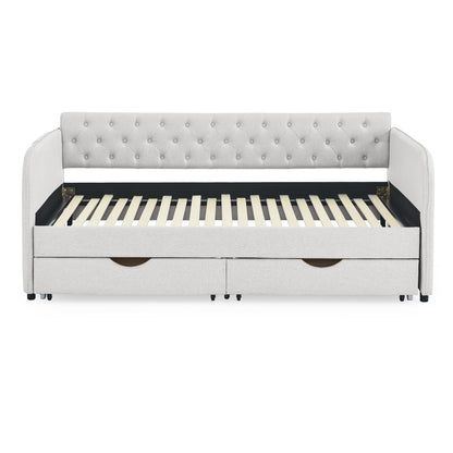 Twin Size Upholstery Daybed with Trundle Bed and Two Storage Drawers, Flat Arms with Pocket, Extendable Daybed for Bedroom Living Room,Linen Beige image 5