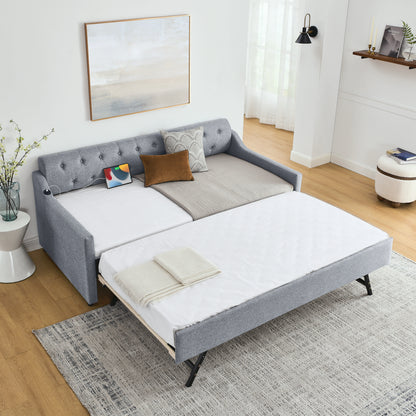 Twin Size Upholstery DayBed with Twin Size Erectable Trundle and USB Charging Design, Linen Grey image 2