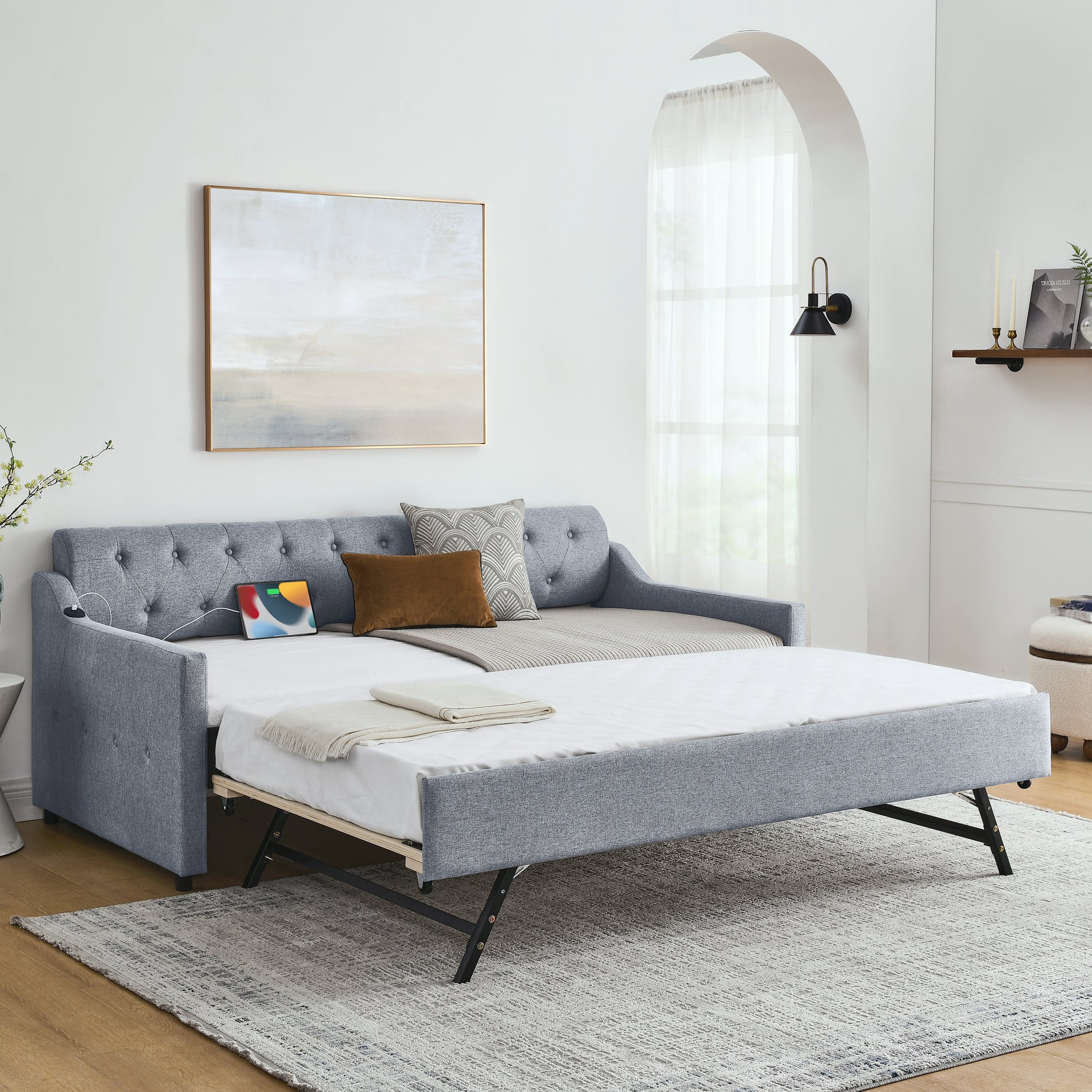 Twin Size Upholstery DayBed with Twin Size Erectable Trundle and USB Charging Design, Linen Grey image 1