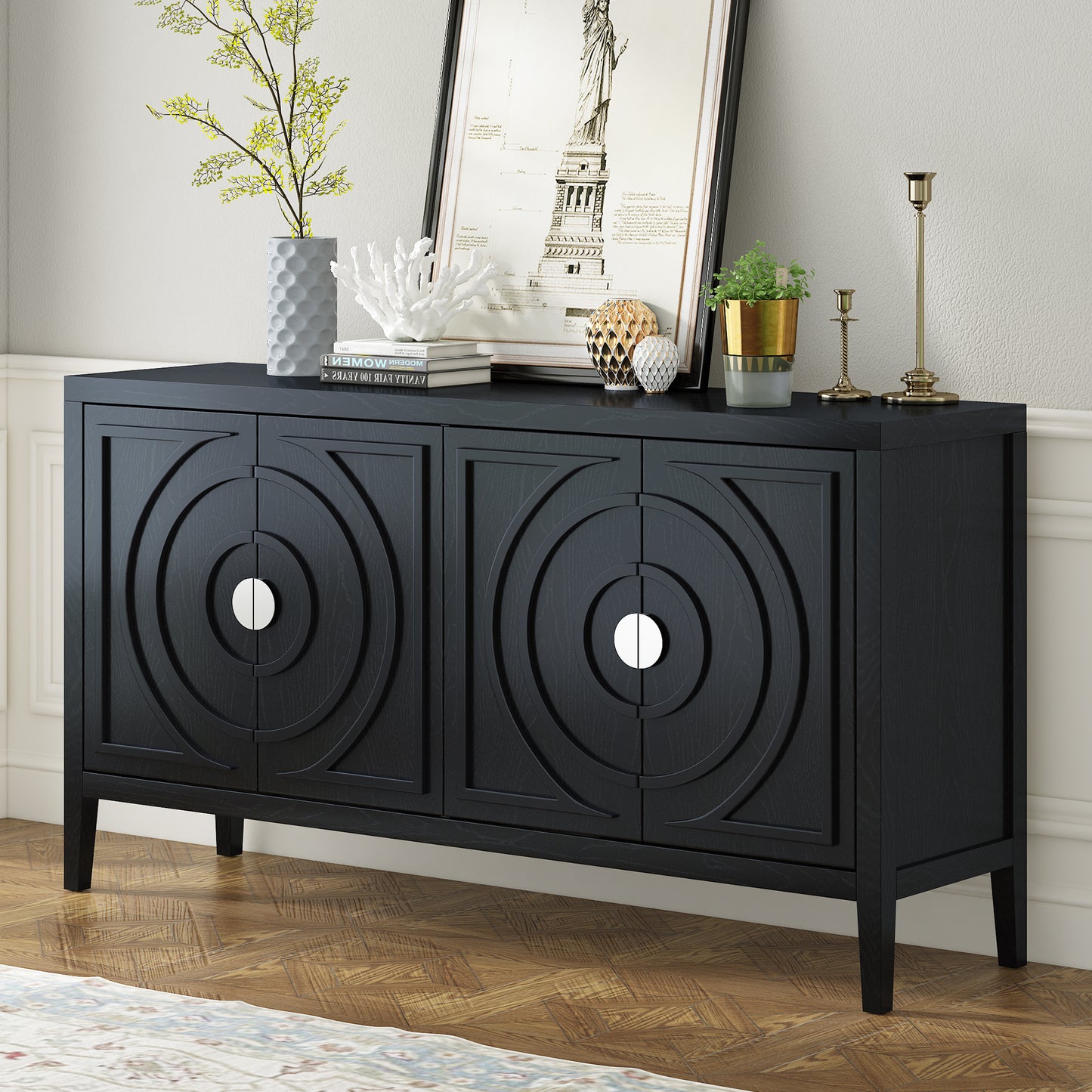 TREXM Retro Sideboard door with Circular Groove Design Round Metal Door Handle for Entrance, Dinning Room, Living Room (Black) image 1