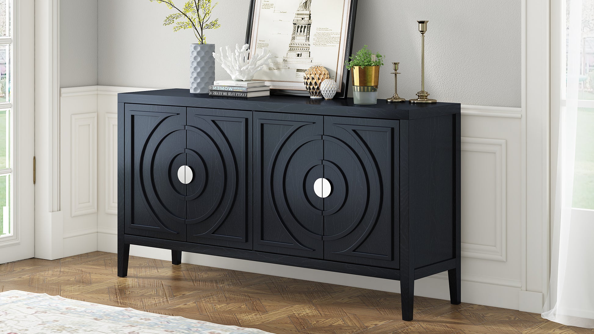 TREXM Retro Sideboard door with Circular Groove Design Round Metal Door Handle for Entrance, Dinning Room, Living Room (Black) image 2
