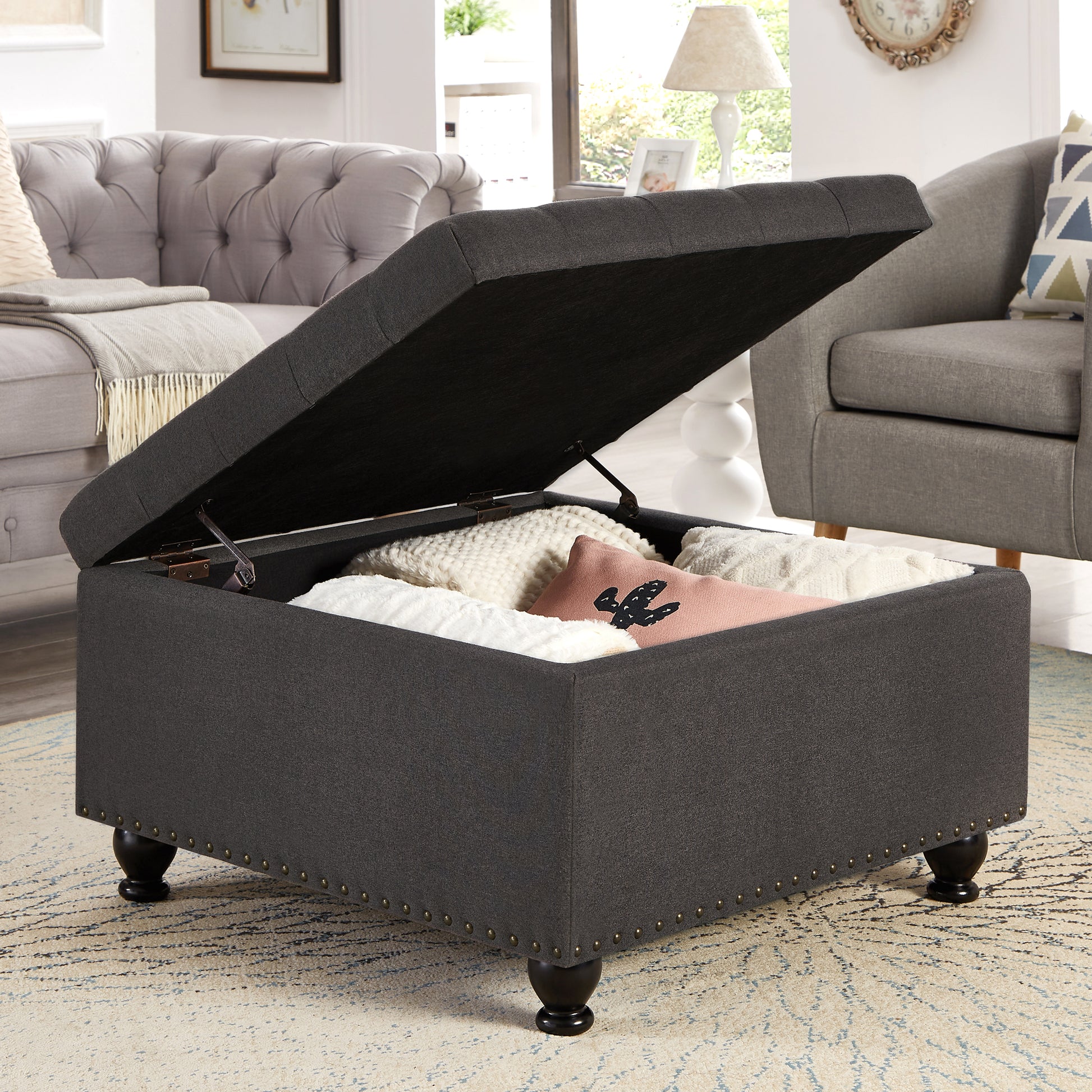 Large square storage ottoman with wooden legs, Upholstered button tufted coffee table with nail trims for Living Space,Dark Grey image 2