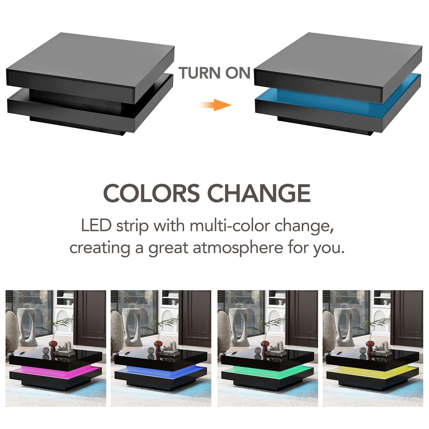 ON-TREND High Gloss Minimalist Design with LED Lights, 2-Tier Square Coffee Table, Center Table for Living Room, 31.5''x31.5''x14.2'',Black image 6