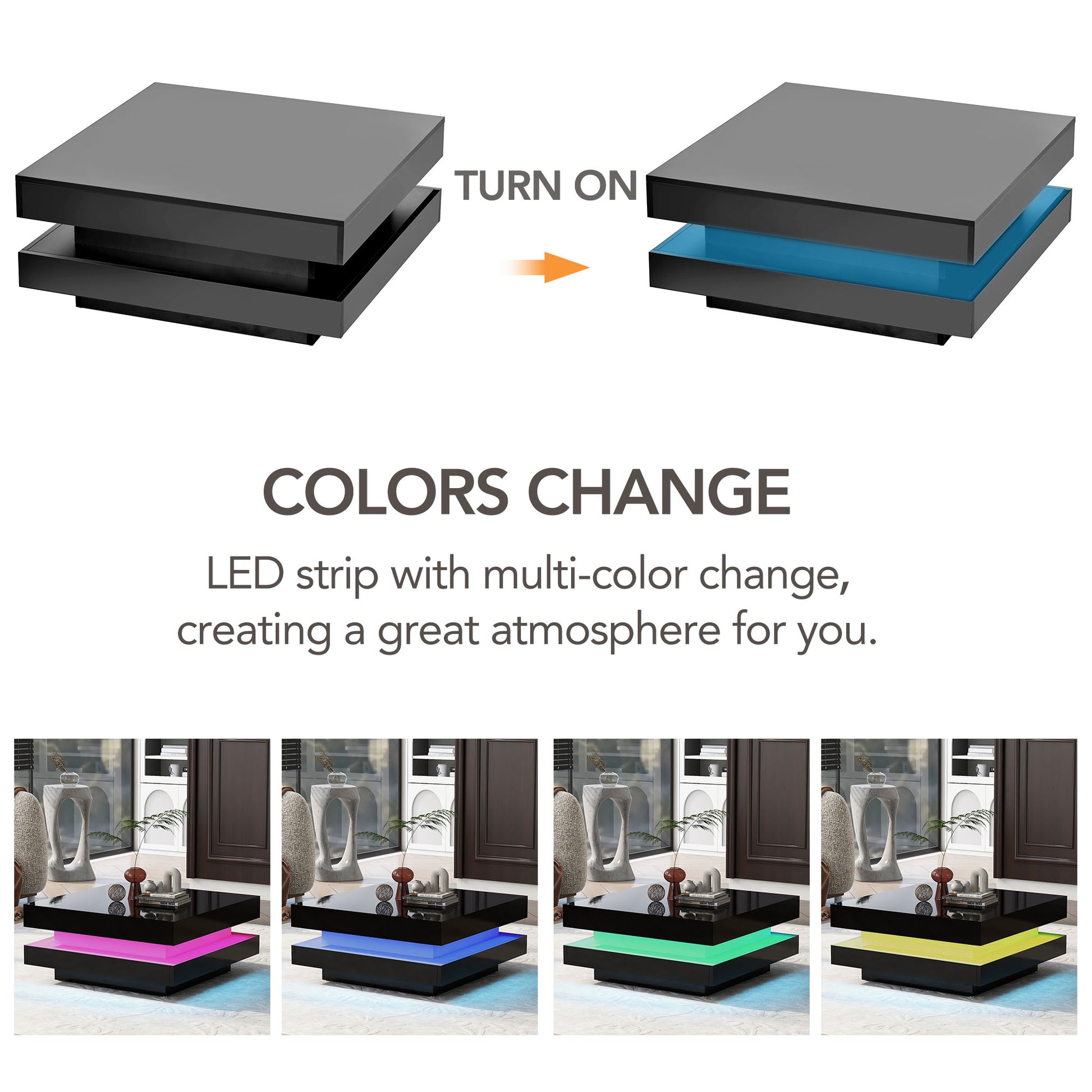 ON-TREND High Gloss Minimalist Design with LED Lights, 2-Tier Square Coffee Table, Center Table for Living Room, 31.5''x31.5''x14.2'',Black image 6