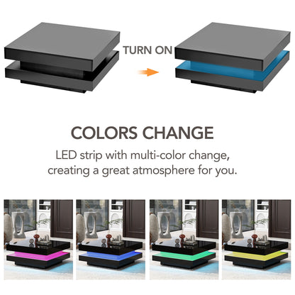 ON-TREND High Gloss Minimalist Design with LED Lights, 2-Tier Square Coffee Table, Center Table for Living Room, 31.5''x31.5''x14.2'',Black image 6