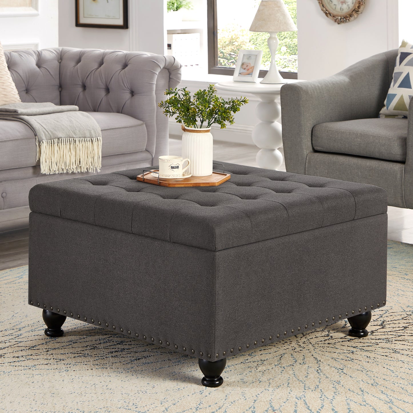 Large square storage ottoman with wooden legs, Upholstered button tufted coffee table with nail trims for Living Space,Dark Grey image 1