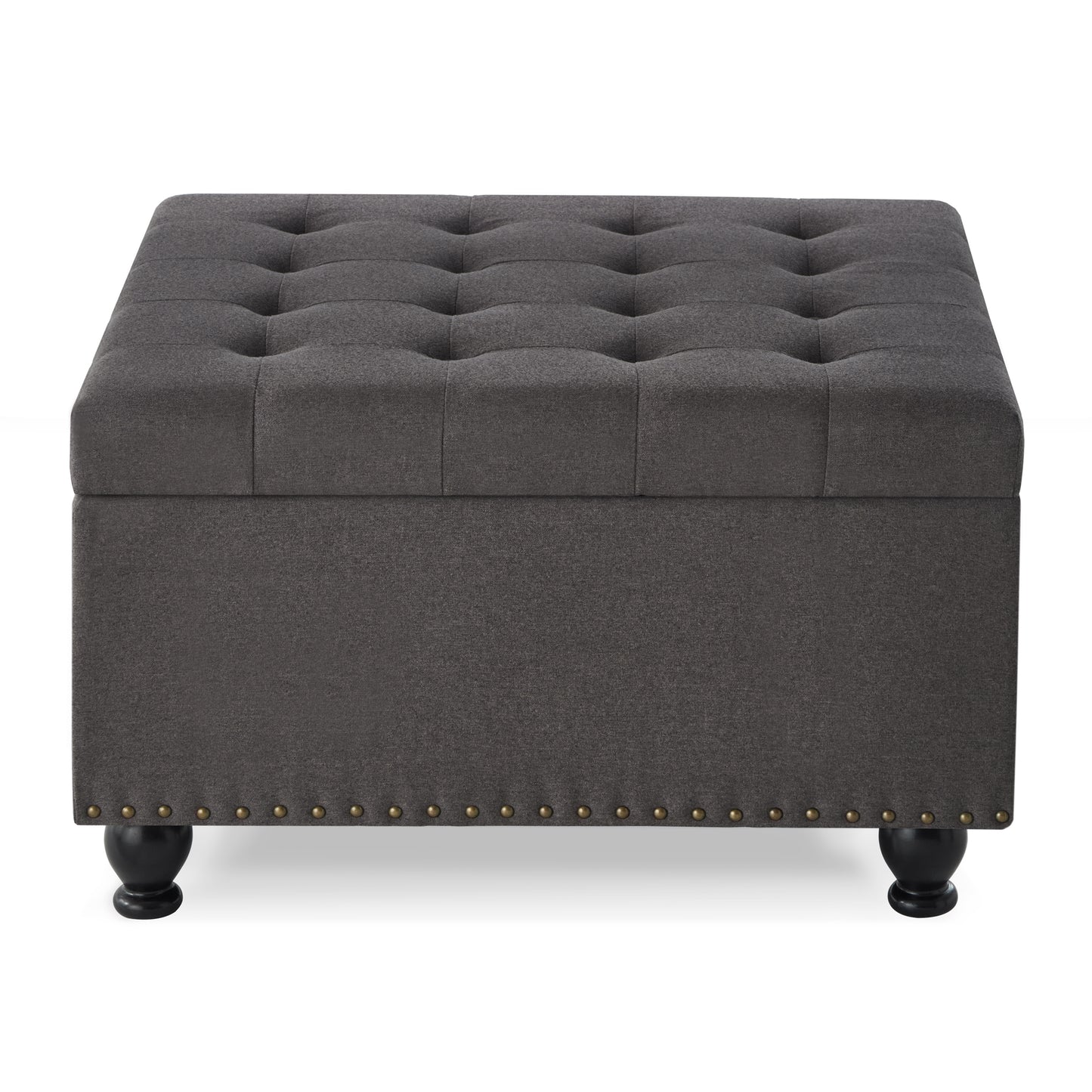 Large square storage ottoman with wooden legs, Upholstered button tufted coffee table with nail trims for Living Space,Dark Grey image 3