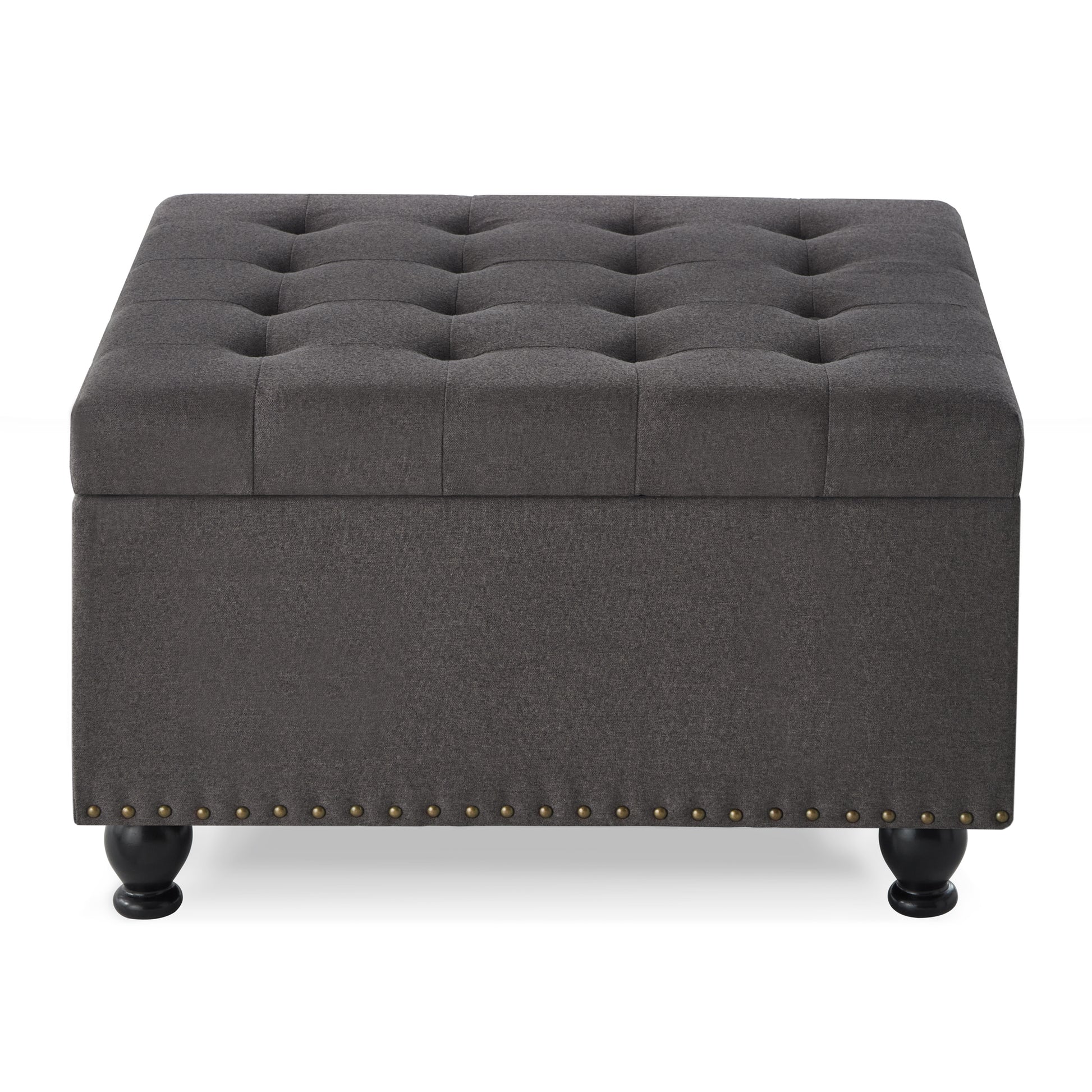Large square storage ottoman with wooden legs, Upholstered button tufted coffee table with nail trims for Living Space,Dark Grey image 3