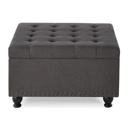 Large square storage ottoman with wooden legs, Upholstered button tufted coffee table with nail trims for Living Space,Dark Grey image 3