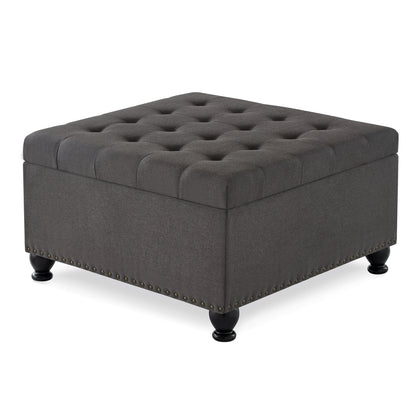 Large square storage ottoman with wooden legs, Upholstered button tufted coffee table with nail trims for Living Space,Dark Grey image 4
