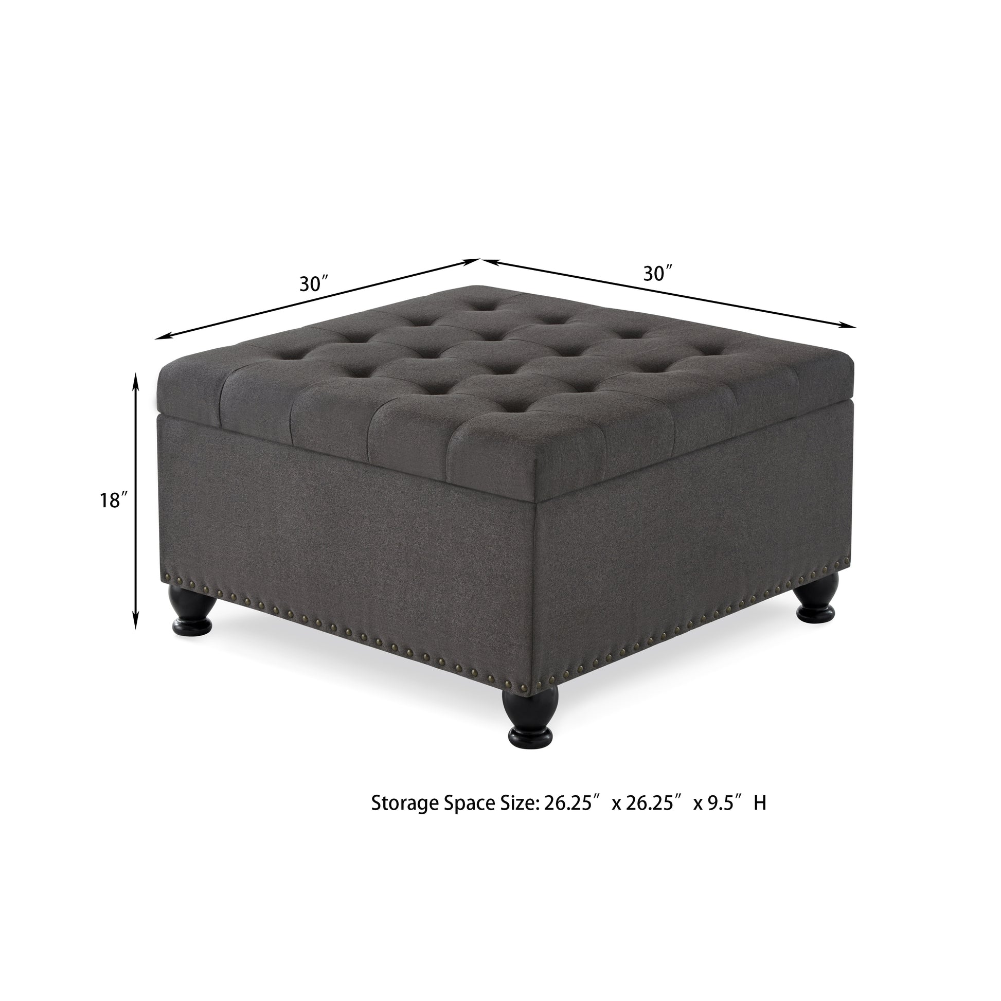 Large square storage ottoman with wooden legs, Upholstered button tufted coffee table with nail trims for Living Space,Dark Grey image 11