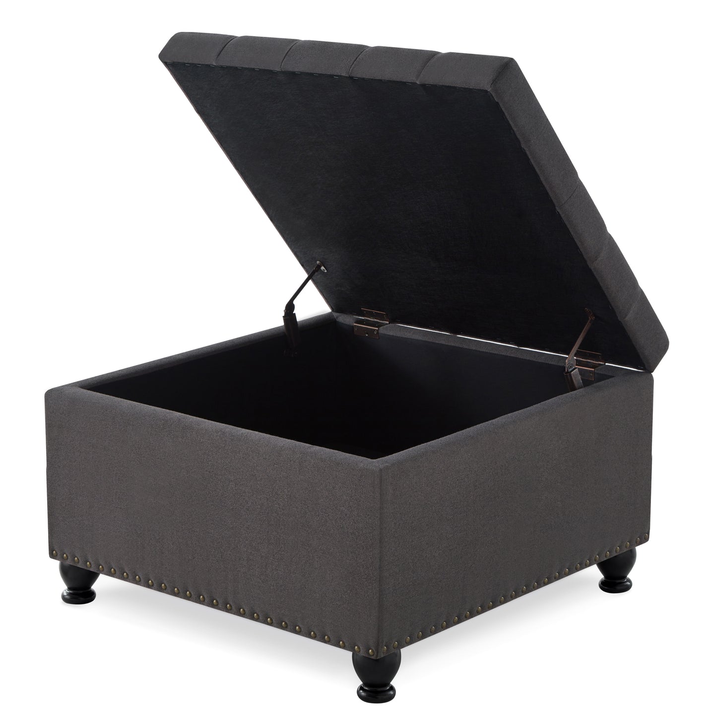 Large square storage ottoman with wooden legs, Upholstered button tufted coffee table with nail trims for Living Space,Dark Grey image 5